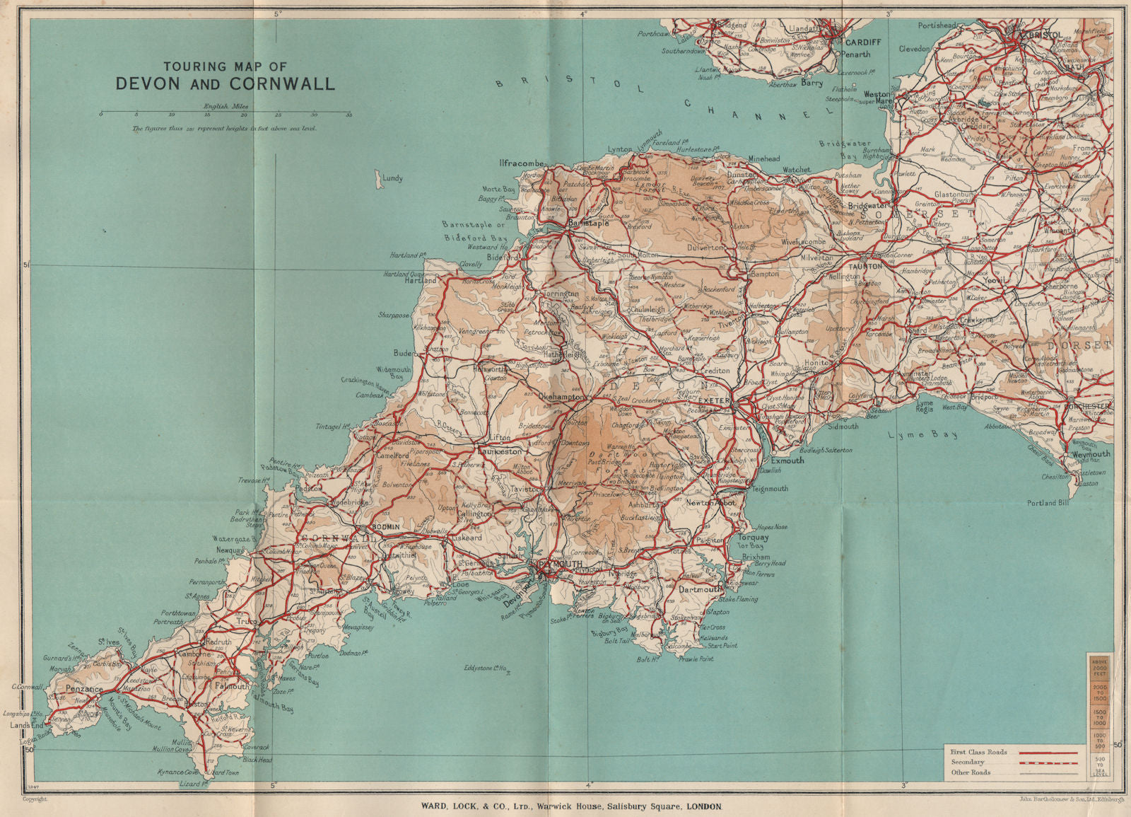 TOURING MAP OF DEVON AND CORNWALL. South West England. WARD LOCK 1937 old